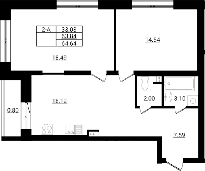 2-комнатная квартира 64.64 м², 1/9 эт., ЖК «Эко Гармония»